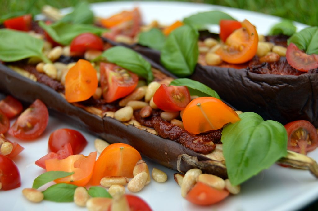 Aubergine Tomato and Basil Pizza from the side