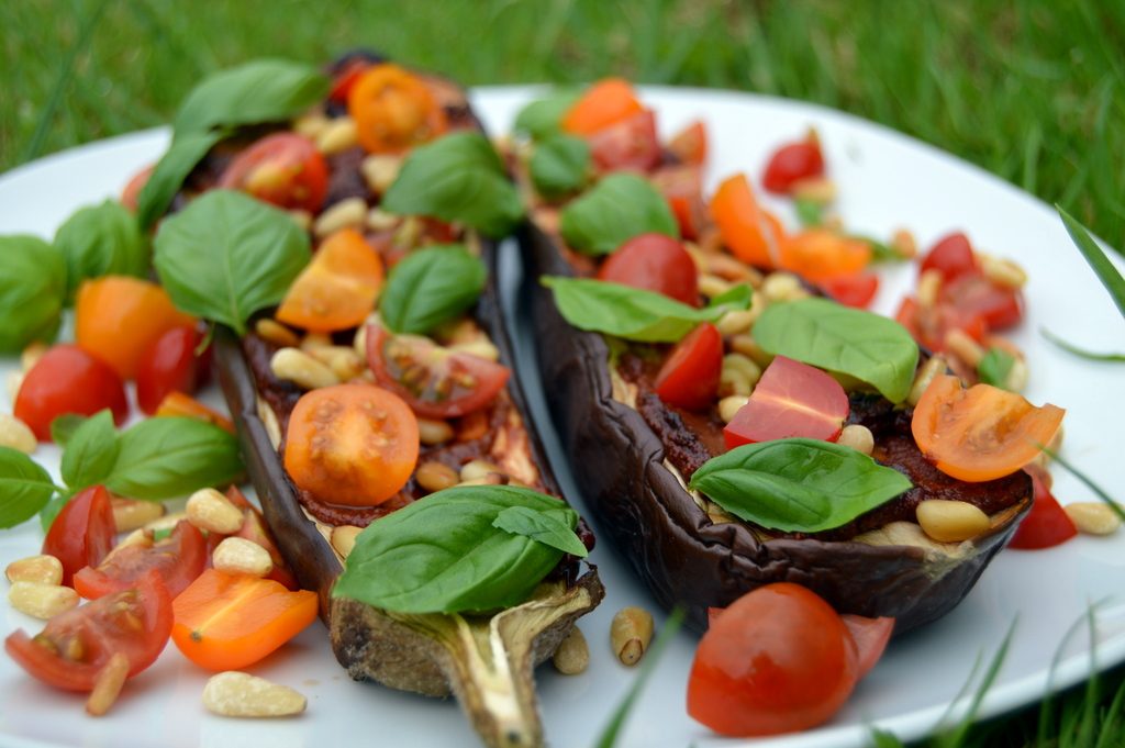 Aubergine Tomato and Basil Pizza