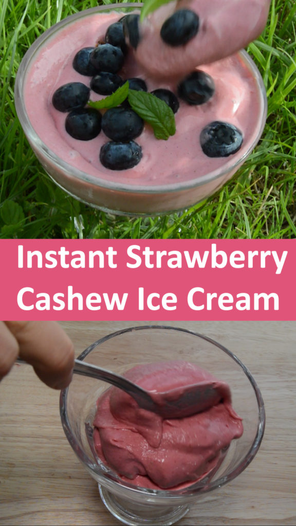 Instant strawberry cashew ice cream made from just a few whole food ingredients. Make healthy ice cream in seconds #vegan #veganrecipe #dairyfree #healthy #healthyrecipe