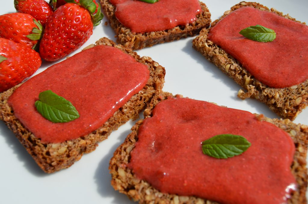 raw chia strawberry jam on rye bread