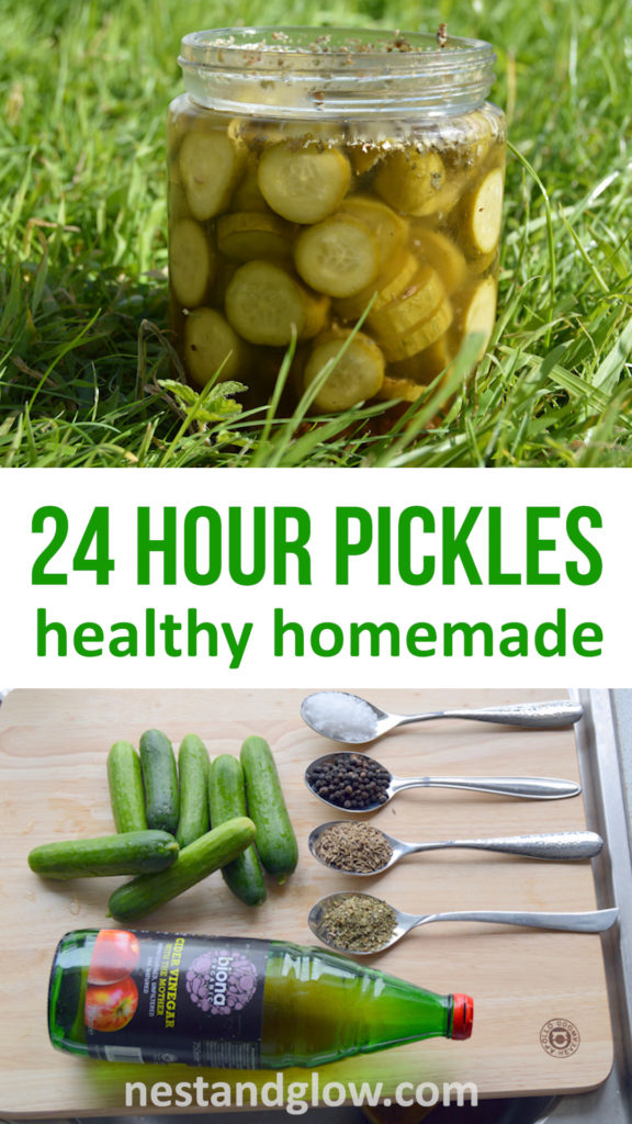 Easy homemade sweet pickles can be made in 24 hours. If you like pickles try this easy recipe for healthy homemade pickles using apple cider vinegar. All the flavour of pickles but with the nutrition of fresh cucumbers. Can be made with any sized cucumber. #healthyrecipes #healthyfood #healthyeating #healthyliving #healthy