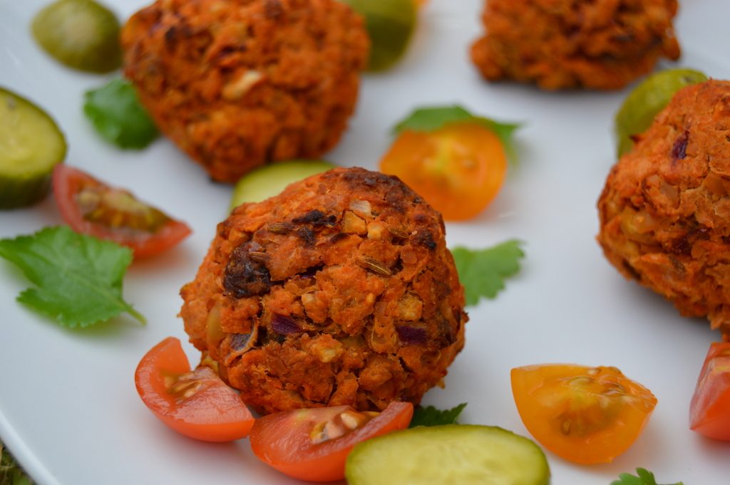 Sweet Potato Falafel on a plate before dressing