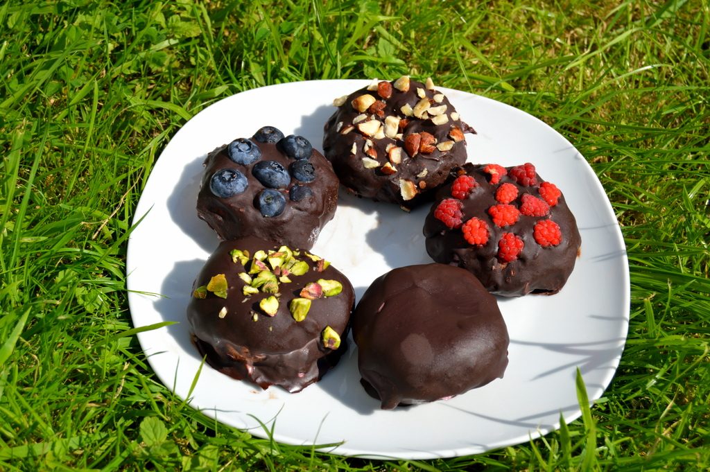 Raspberry Chocolate Doughnut Peaches on a plate