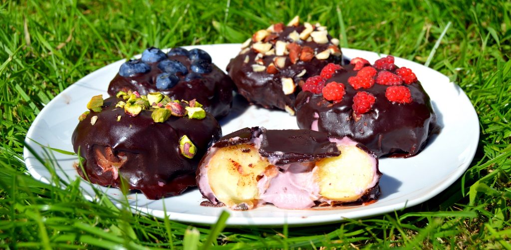 Raspberry Chocolate Doughnut Peaches with one open