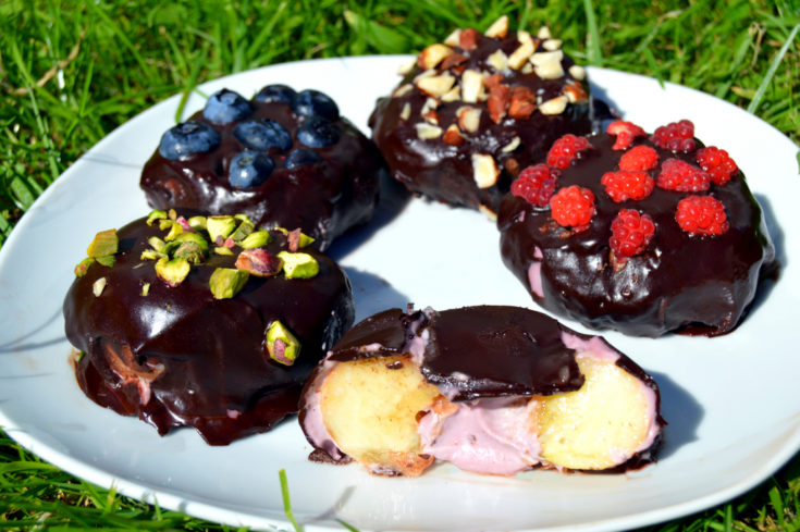 Raspberry Chocolate Doughnut Peaches with one open