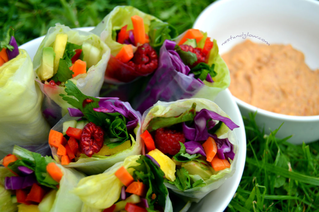 Healthy easy summer rolls vegan recipe. With a rainbow of different vegetables and an amazing nutty healthy dip.