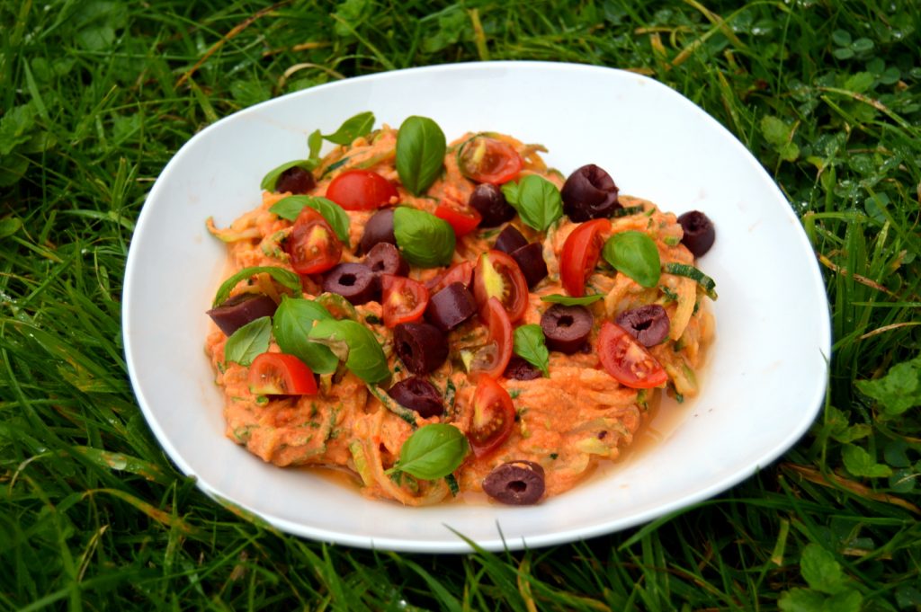 Creamy tomato Courgette Spaghetti on a plate