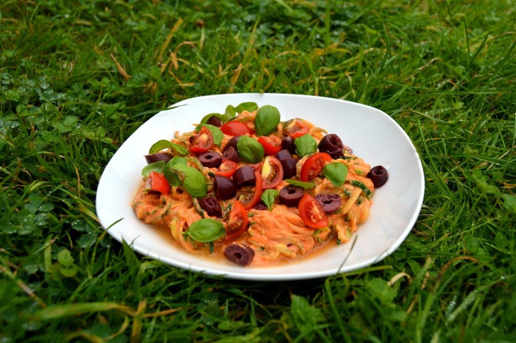 Creamy tomato Courgette Spaghetti on grass