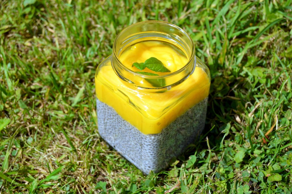 Serving Mango Lime Chia Pudding in old Jars looks great, saves recycling, transport well and come with a lid.