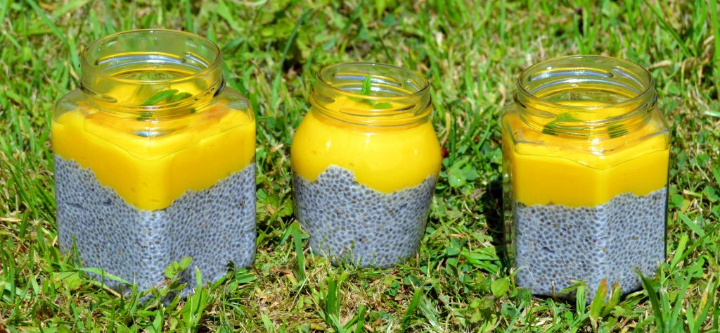 Mango Lime Chia Puddings in a row made from plant based milk and fresh fruit. A healthy chia pudding recipe that can be made quickly