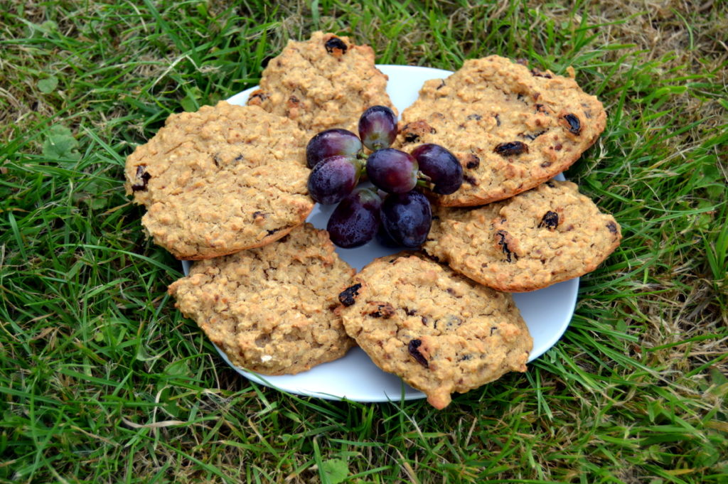 raisin banana oat cookie biscuits with red grapes made from 3 ingredients