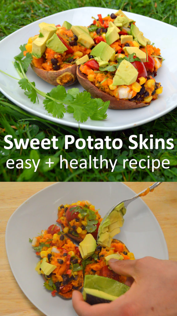 sweet potato skins easy and healthy vegan recipe. topped with avocados and lime juice with a mixture of veggies #vegan #healthy #healthyrecipe