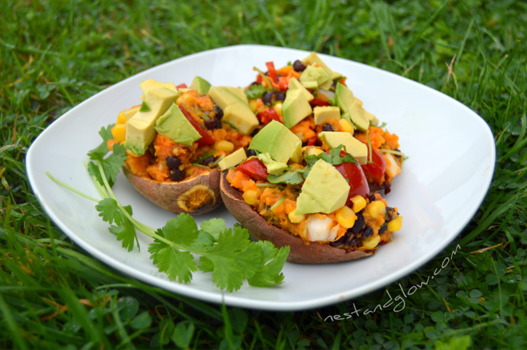 baked sweet potato skins that contain 3 portions of veggies. Avocado, corn, lime, black beans and more make these a tasty and healthy recipe