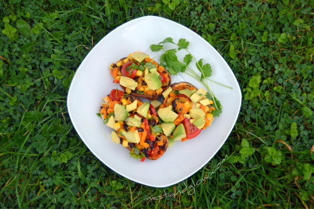 Tex-Mex Loaded Sweet Potato Skins Recipe without any cheese, dairy or oil. Just a mixture of fruits, vegetables and herbs in this nutritious recipe