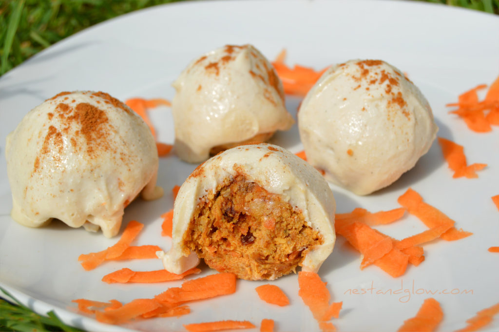 Raw Carrot Cake Truffles made from wholefood ingredients and free of flour, eggs, sugar and dairy. Covered in raw cashew frosting.