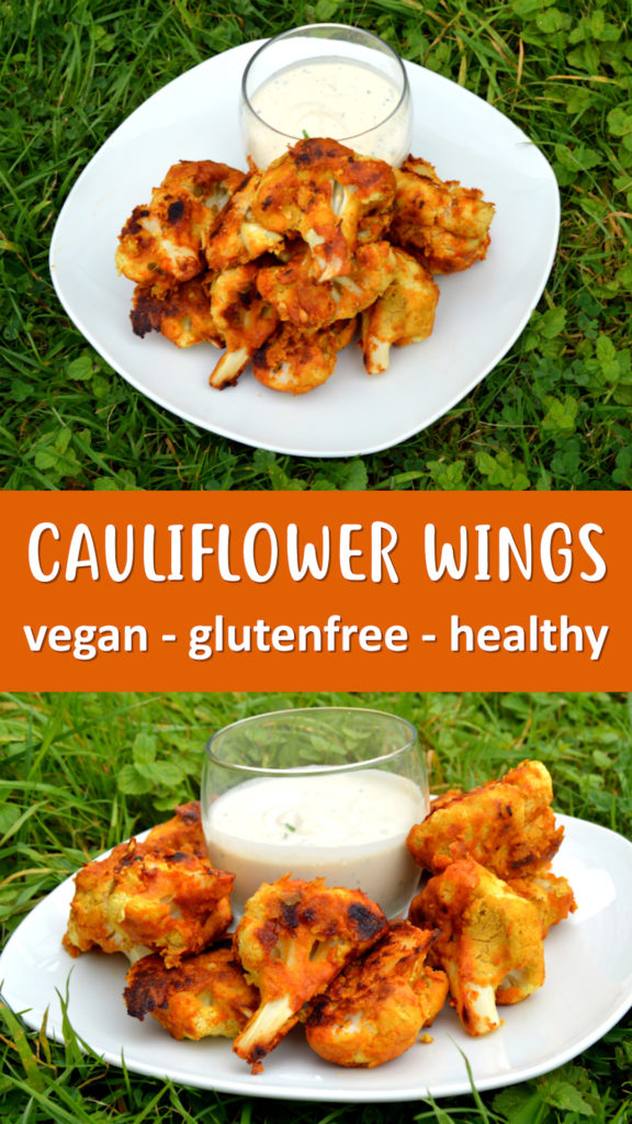 Cauliflower Wings that are vegan, gluten free and healthy. Cauliflower is coated in a chickpea batter then roasted to perfection before being covered in a spicy coating. Served with a raw cashew ranch dip. #vegan #veganrecipe #glutenfree