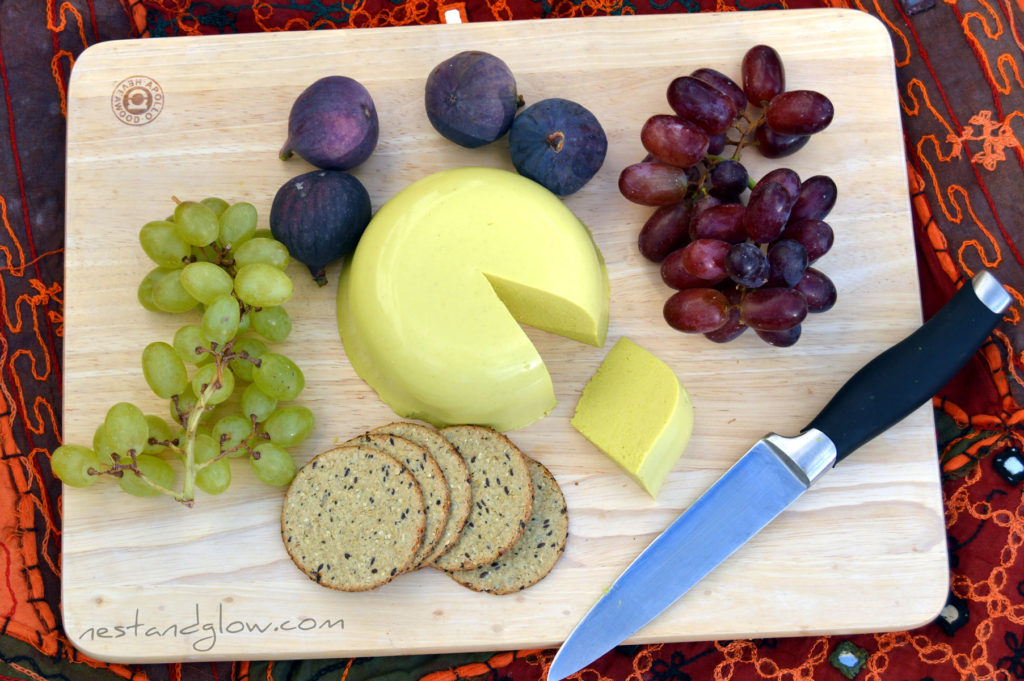 Vegan sunflower cheddar on a cheese board - nut free seed cheese recipe