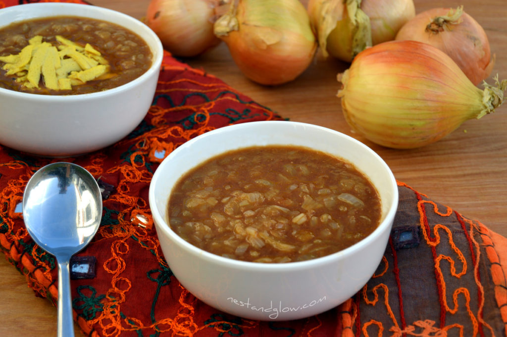 vegan french onion soup in a bowl