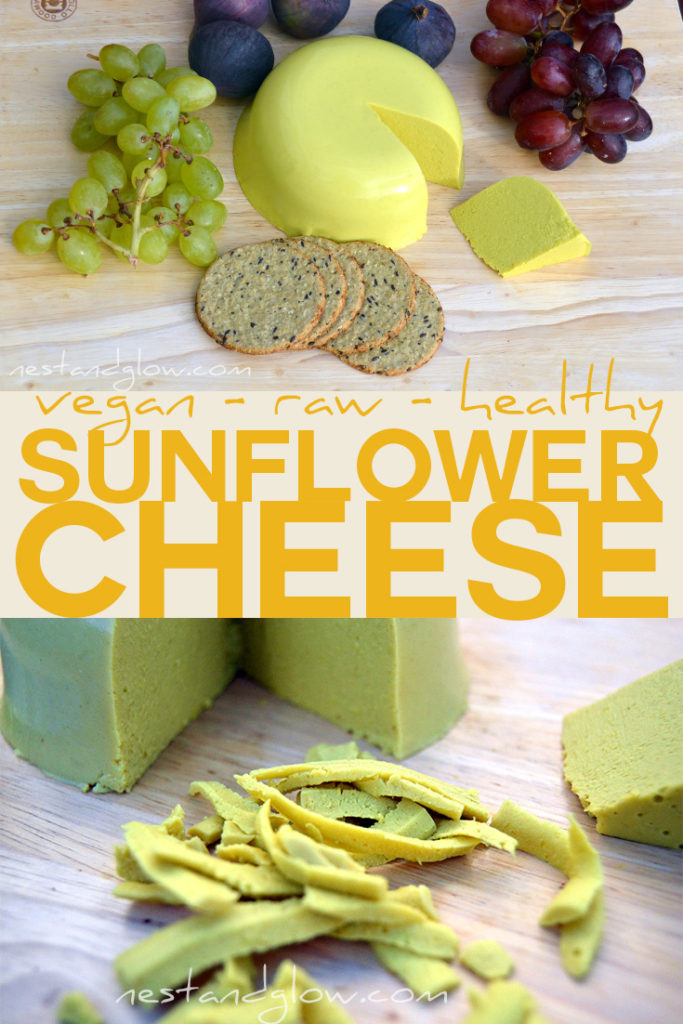 raw vegan sunflower cheese made from soaked sunflower seeds and seaweed. Tastes amazing and slices! Inexpensive as this vegan cheese contains no nuts #veganrecipe #vegancheese #healthyrecipe #cheese #vegan #dairyfree