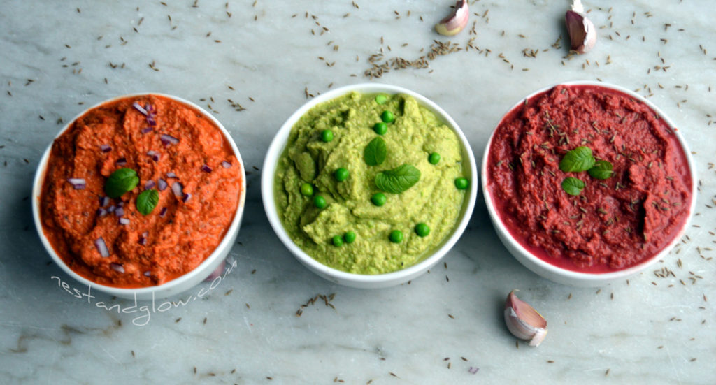 Pea and mint, beetroot cumin and roasted red pepper and onion hummus recipe
