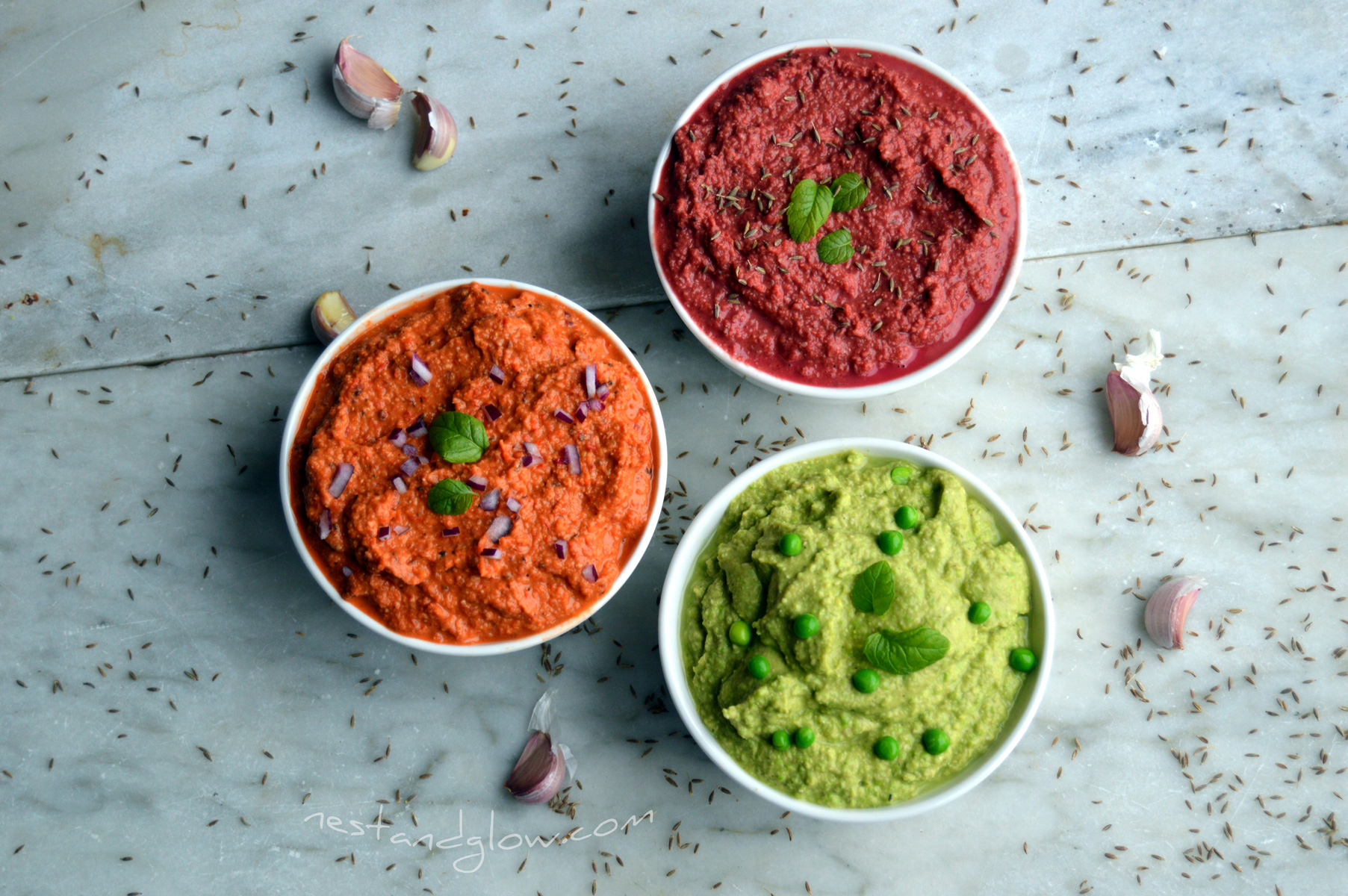 Hummus Trio Recipe Roasted Red Pepper, Mint Pea & Beetroot Cumin