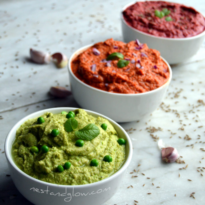 Red Pepper Hummus, Mint Pea Hummus and Beetroot Hummus