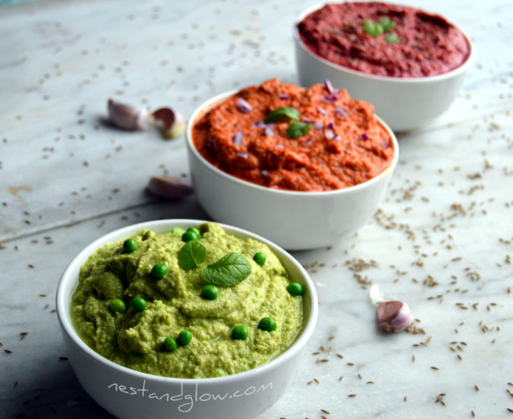 Healthy pea and mint, red pepper and beetroot hummus recipe