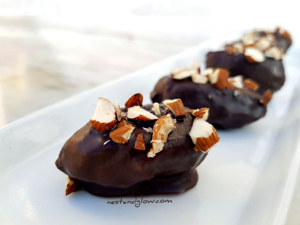 Delicious almond stuffed date covered in chocolate