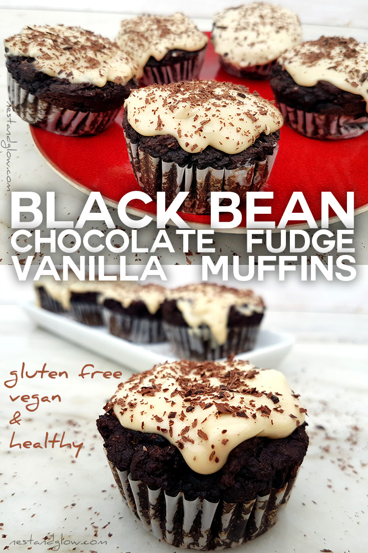 Black Bean Chocolate Fudge Muffins with Vanilla Frosting Nest and Glow