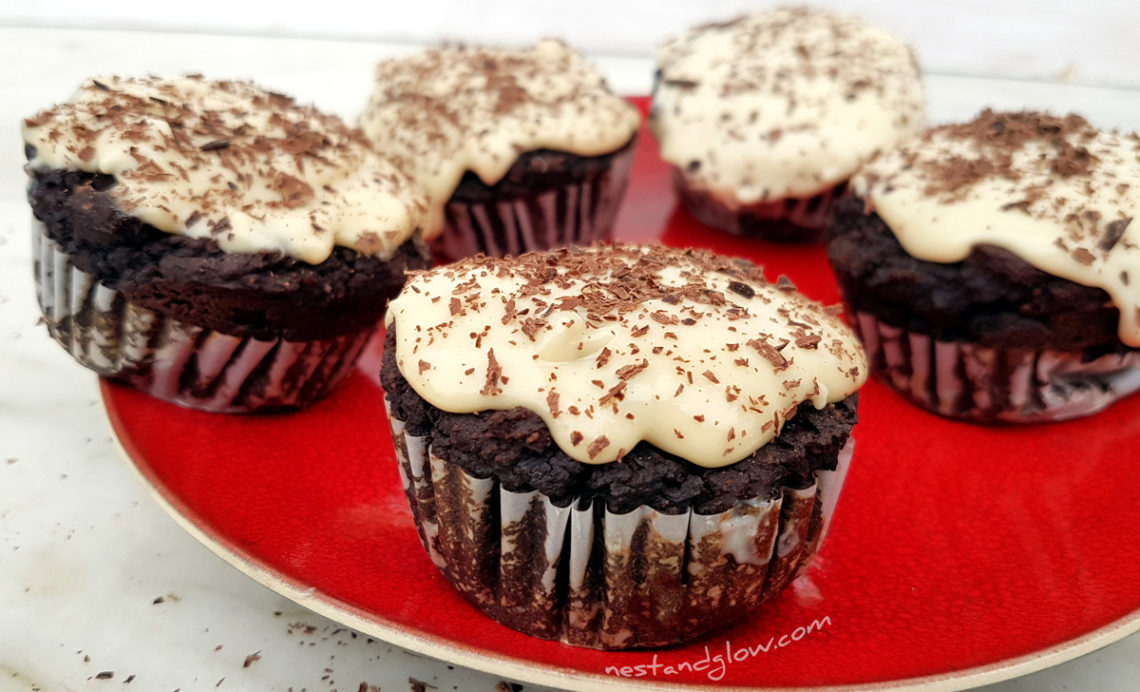 Black Bean Chocolate Fudge Muffins with Vanilla Frosting Nest and Glow