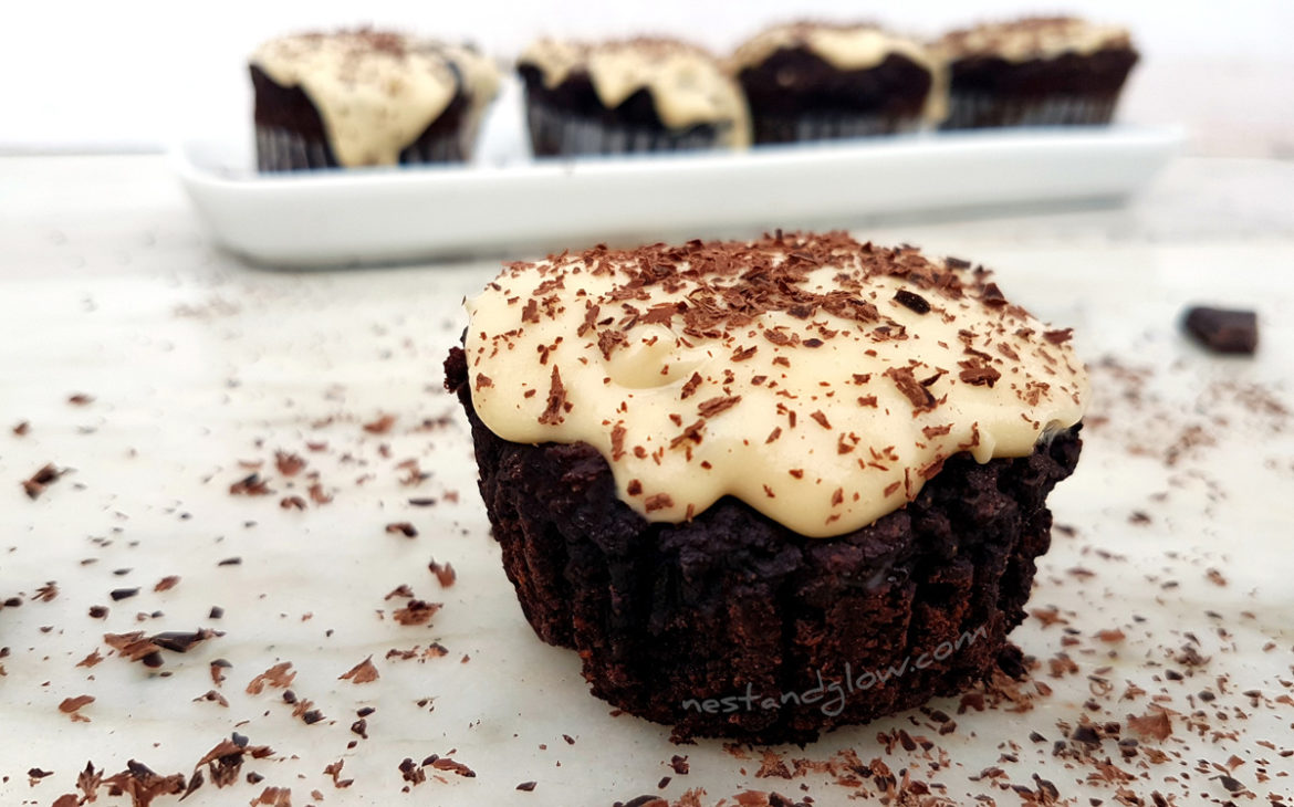 Black Bean Chocolate Fudge Muffins with Vanilla Frosting Nest and Glow
