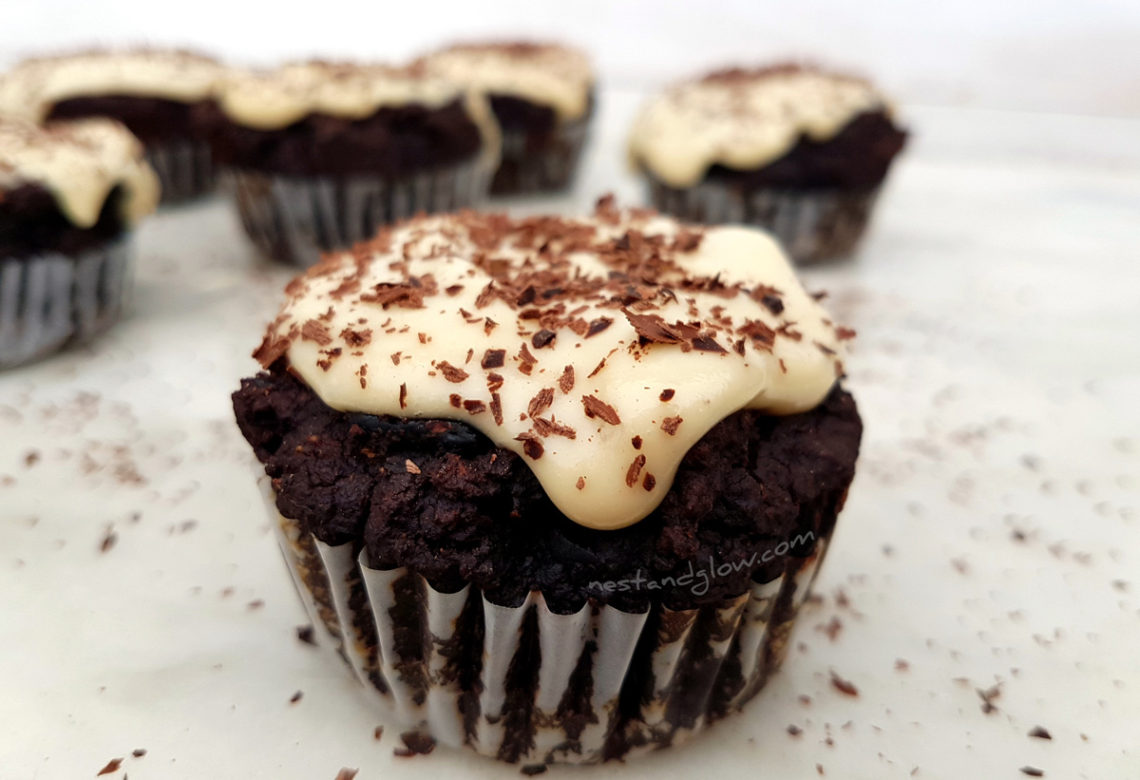 Black Bean Chocolate Fudge Muffins with Vanilla Frosting Nest and Glow