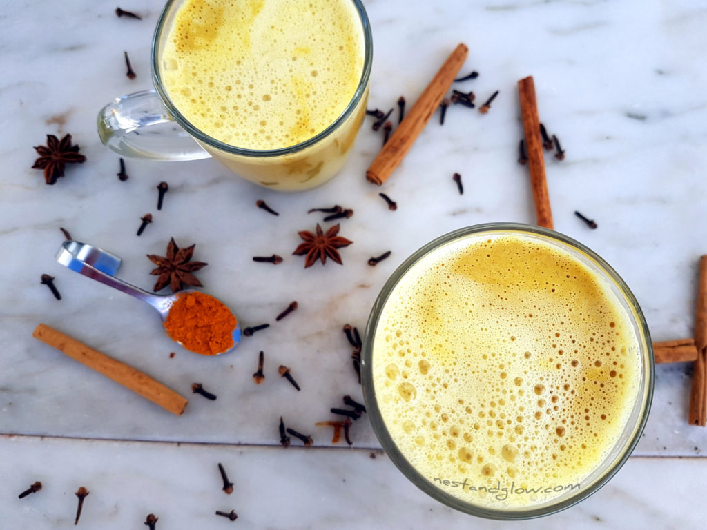 Golden cashew turmeric milk with ginger and cinnamon vegan recipe