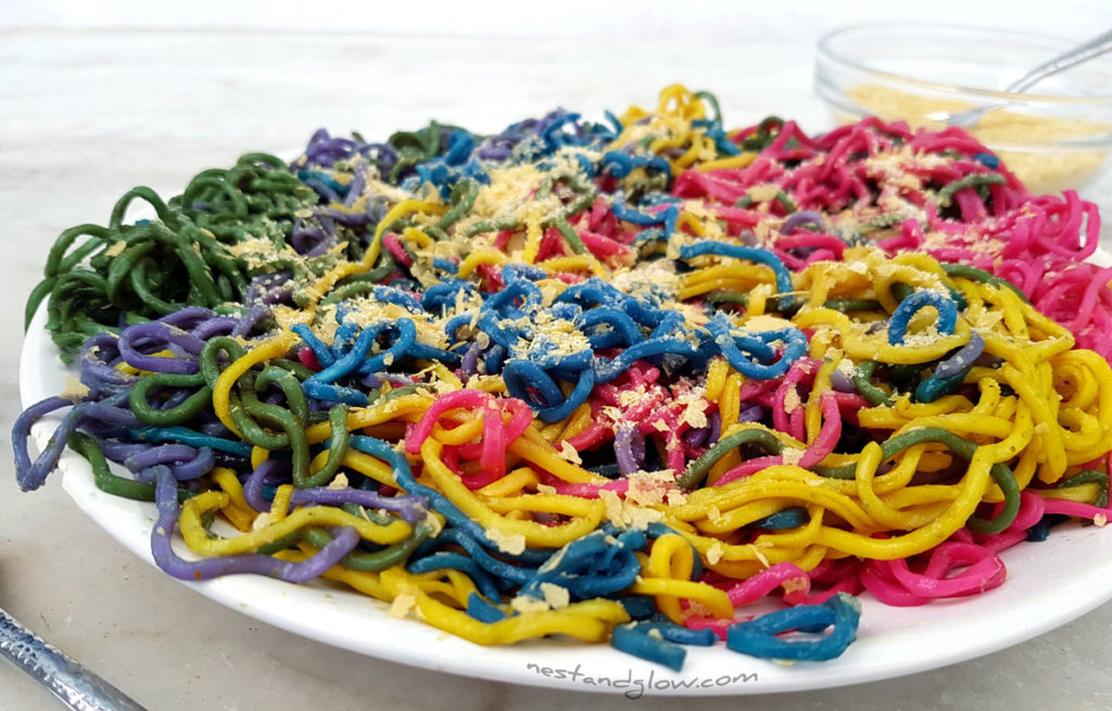 Natural rainbow noodles with veggie dye close up