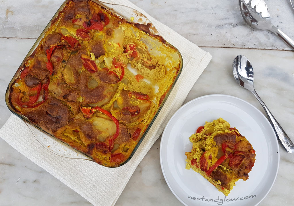 Cheap vegan cheese and tomato potato bake