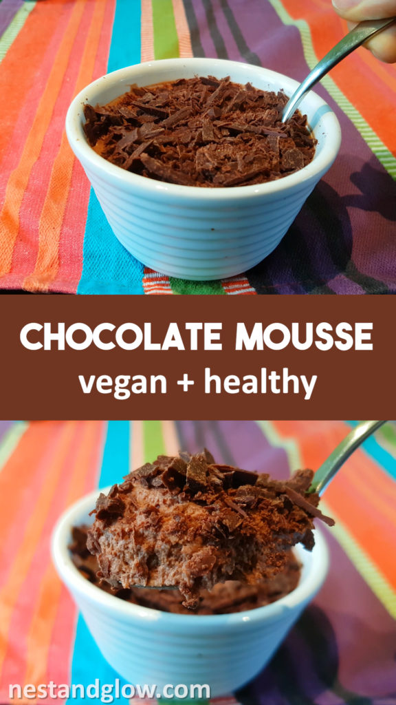 Chocolate Mousse made from coconut milk and cacao. Naturally dairy free and high in antioxidants from the raw cacao. Easy to make in advance for a healthy treat that is vegan #veganrecipe #healthyrecipe #healthytreat #cacao #plantbased