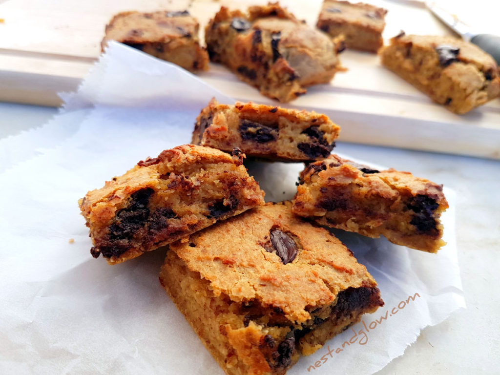 A plate of healthy vegan Chocolate Chip Almond Chickpea Blondies