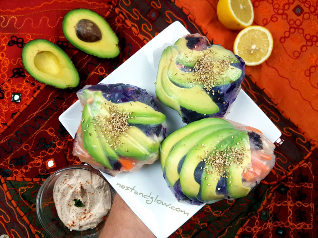 A side dish of sushi spring avocado buns with nut dip