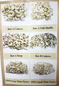 Different grades of cashews