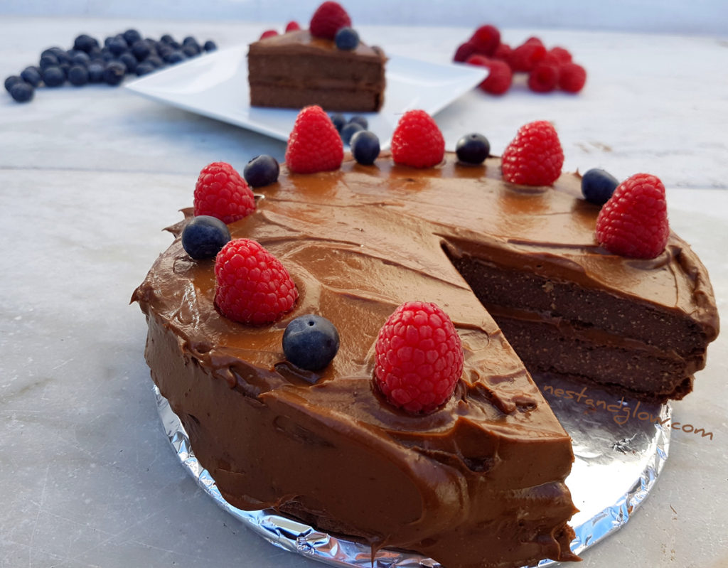 Moist and healthy Quinoa Cake with chocolate and one slice taken out