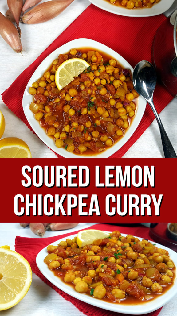 Soured Chickpea Curry is an oil free and vegan high protein curry made from just a few natural ingredients. Easy and quick curry that's full of spices and blends lemon with sweet tomato and creamy chickpeas to make a delicious healthy curry. #vegan #veganrecipe #oilfree #healthy