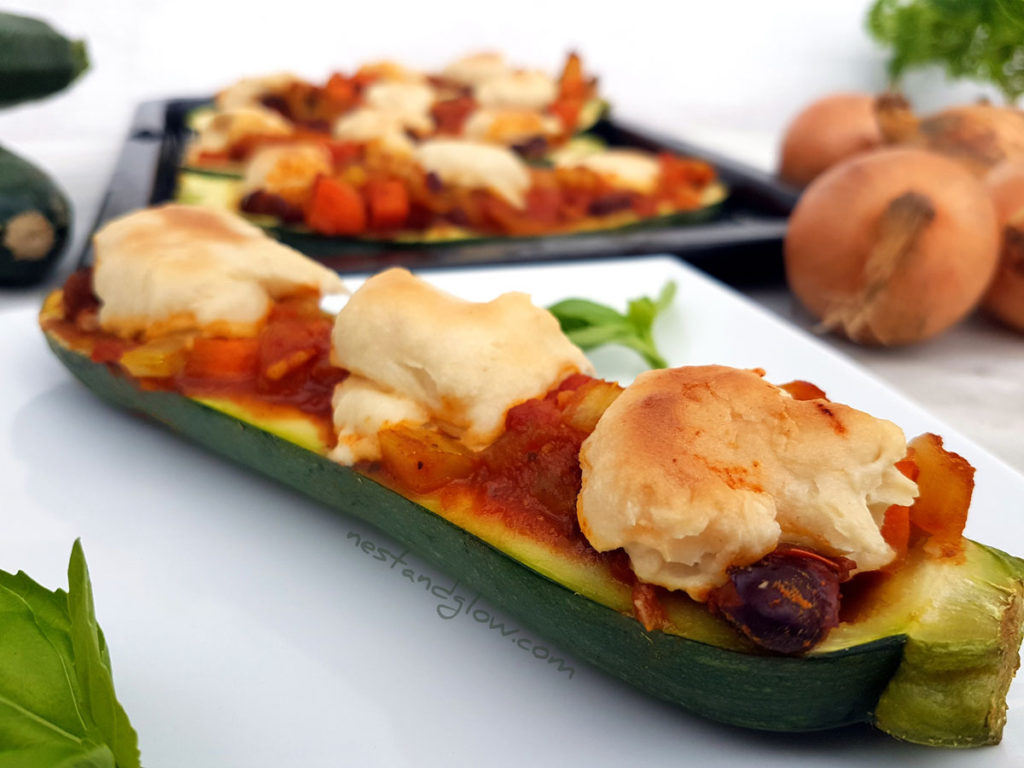 Chilli Stuffed Courgettes with vegan cheese
