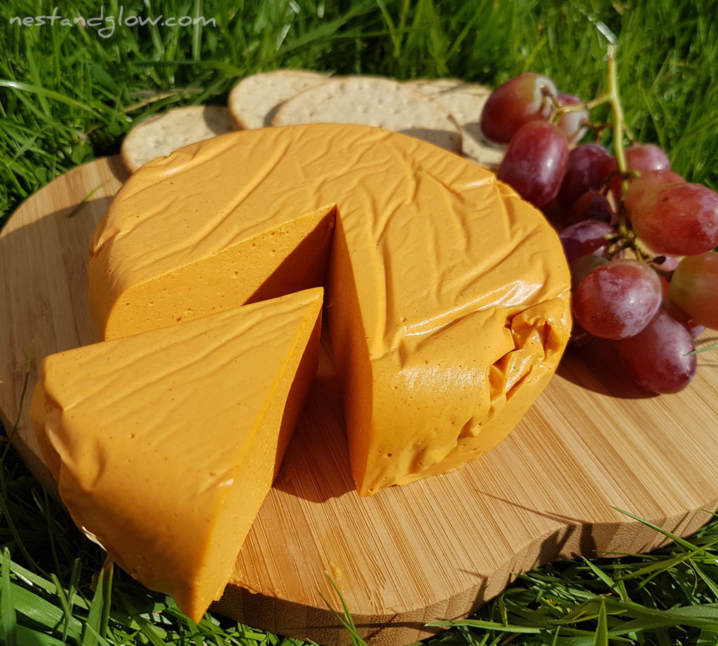 a block of firm easy vegan cheese made from cashew nuts