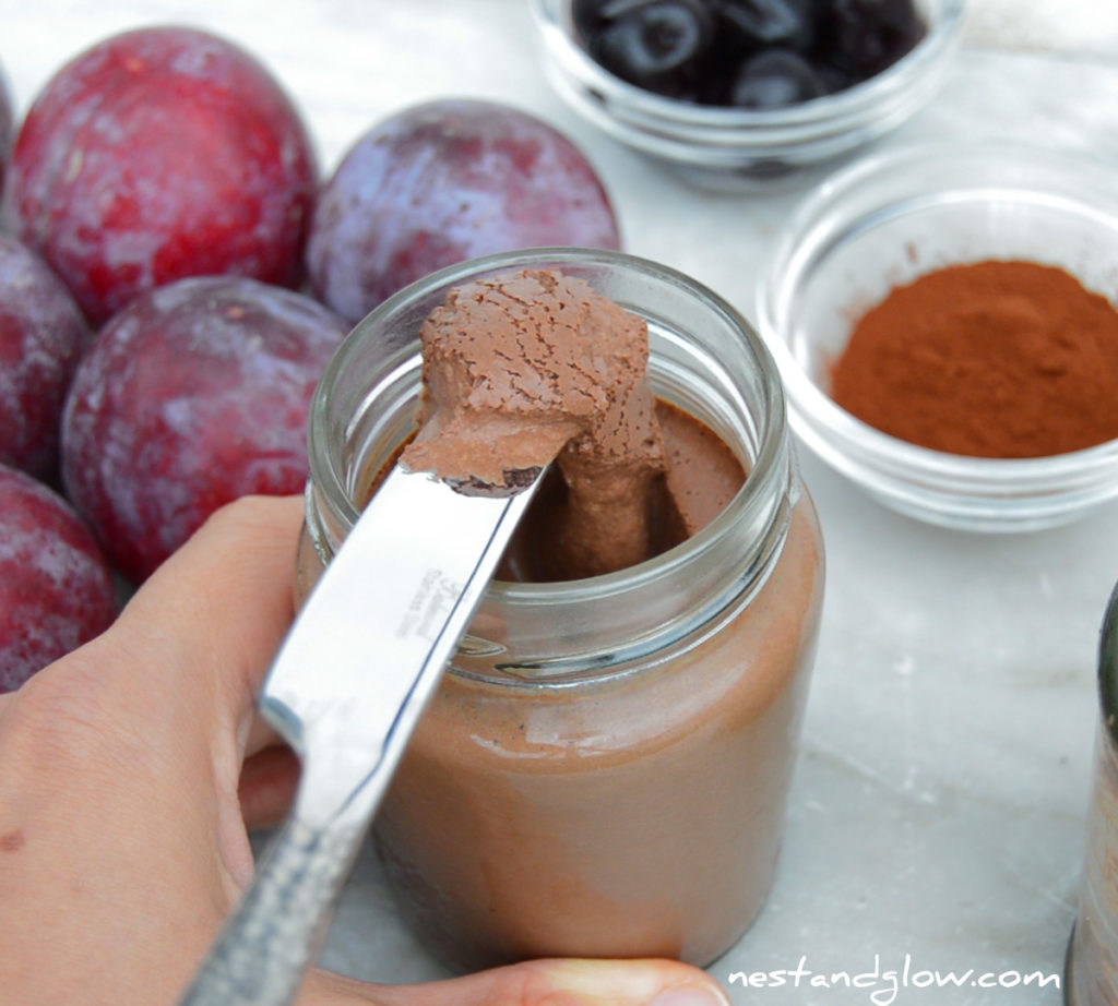 healthy vegan chocolate spread recipe on a knife