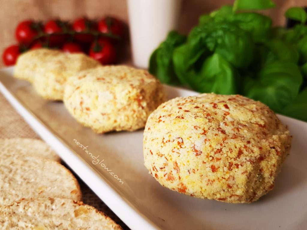 Almond Pulp Cheese Balls are made using the healthy almond fiber that remains after making almond milk. Meaning none of the almond goodness is lost