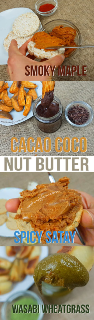 Nut Butter 4 Ways Recipes - Smoky Maple, Cacao Coco, Satay and Wasabi Wheatgrass