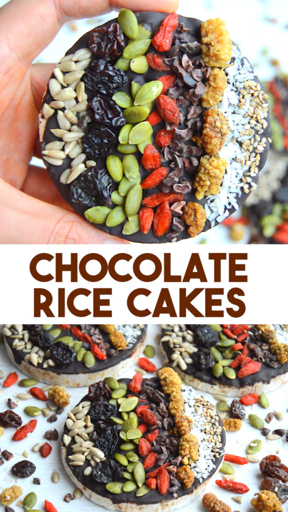 Chocolate Rice cakes with seeds and fruit. A healthy treat with dark chocolate, brown rice, seeds and fruit. A healthy treat that is filled with good stuff and nut free #healthytreat #veganrecipe #healthy #vegan #plantbased