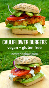 Cauliflower Burger with Spicy Chickpeas - gluten free and high protein vegan burger. Slices of cauliflower are breaded in chickpeas and baked with chilli to make a gluten free burger. With raw ranch dressing #veganrecipe #healthy #glutenfree #burger #healthyrecipe