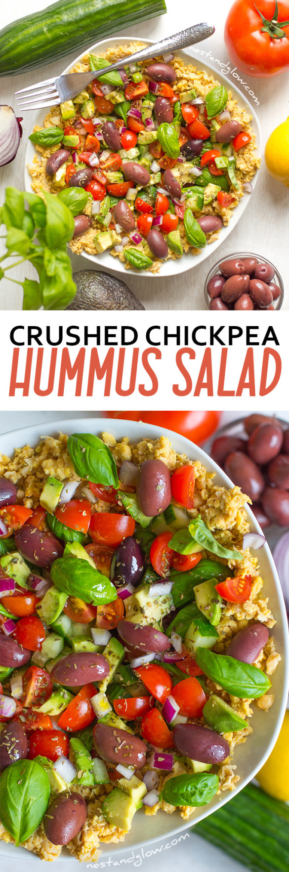Crushed Chickpea Hummus Mediterranean Salad Nest and Glow