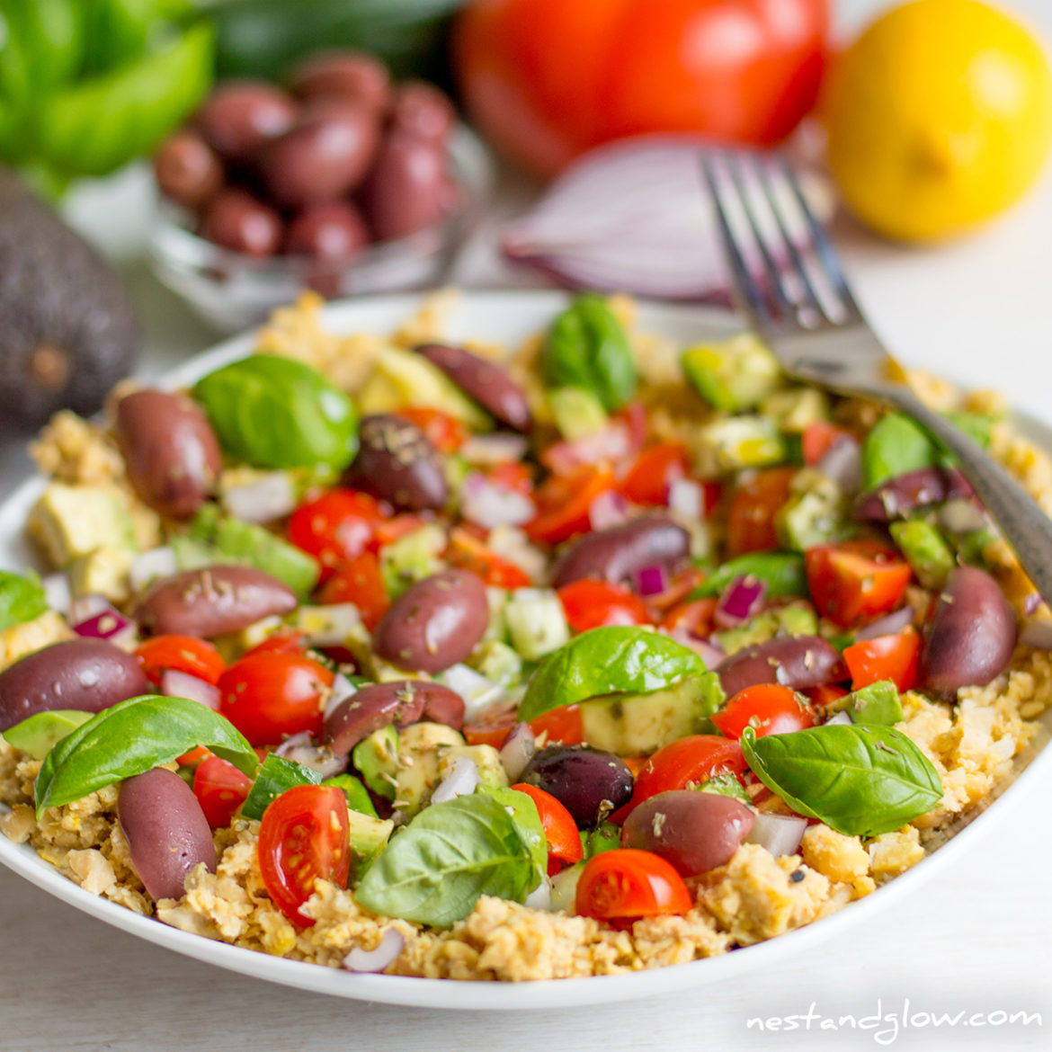 Crushed Chickpea Hummus Mediterranean Salad Nest and Glow